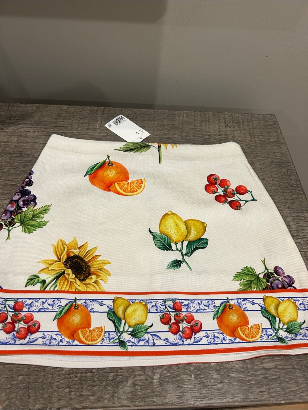 H&M White Mini Skirt with Yellow Sunflower and Orange & Red Fruit Print